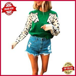 Leopard Print Knitted Pullover Sweater Long Sleeve Crew Neck Casual Top